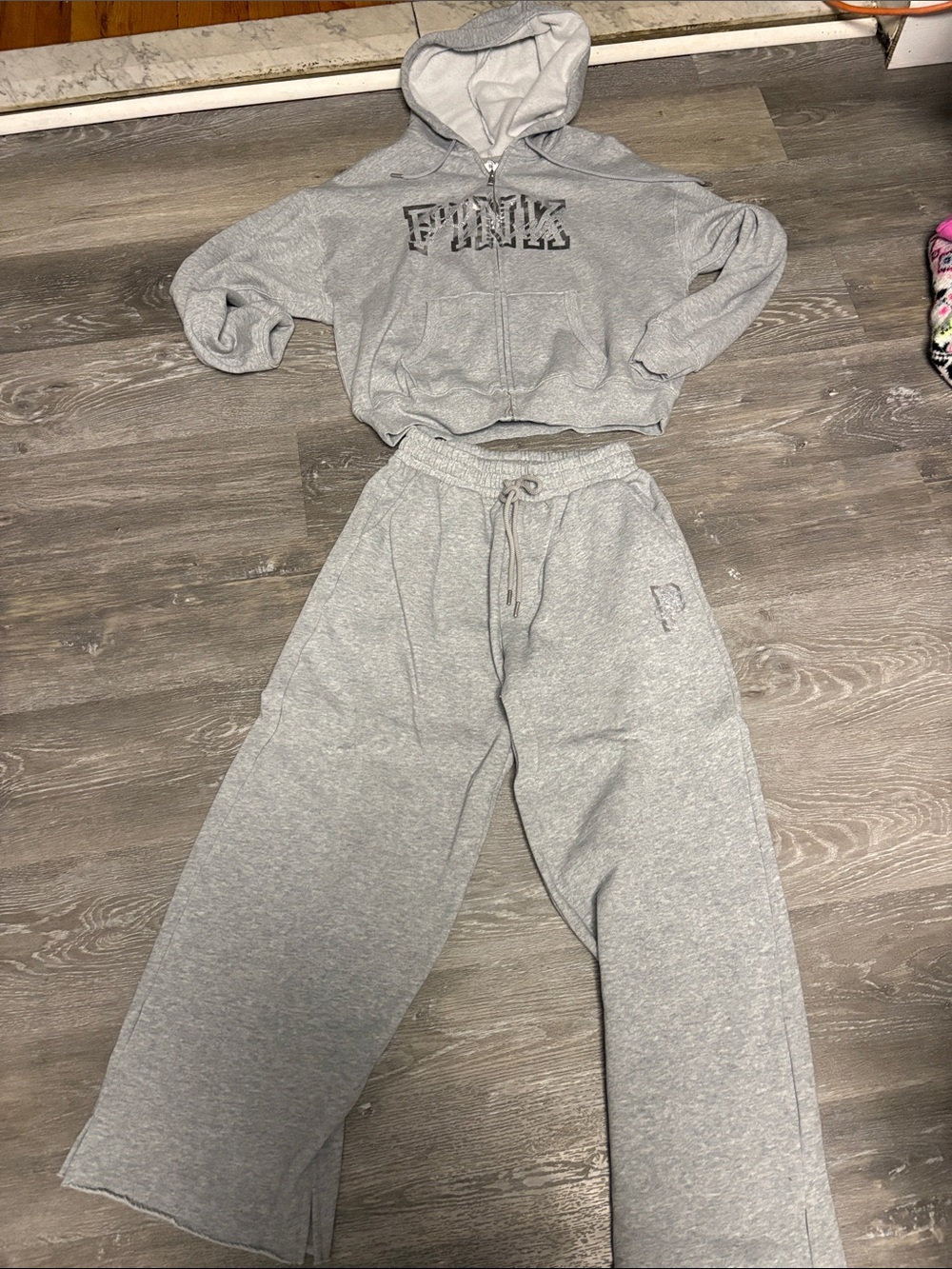 PINK Victoria's Secret Light Gray with silver bling Wide-Leg Sweatpants
